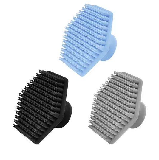 Three silicone brushes in black, blue, and gray on a white background.